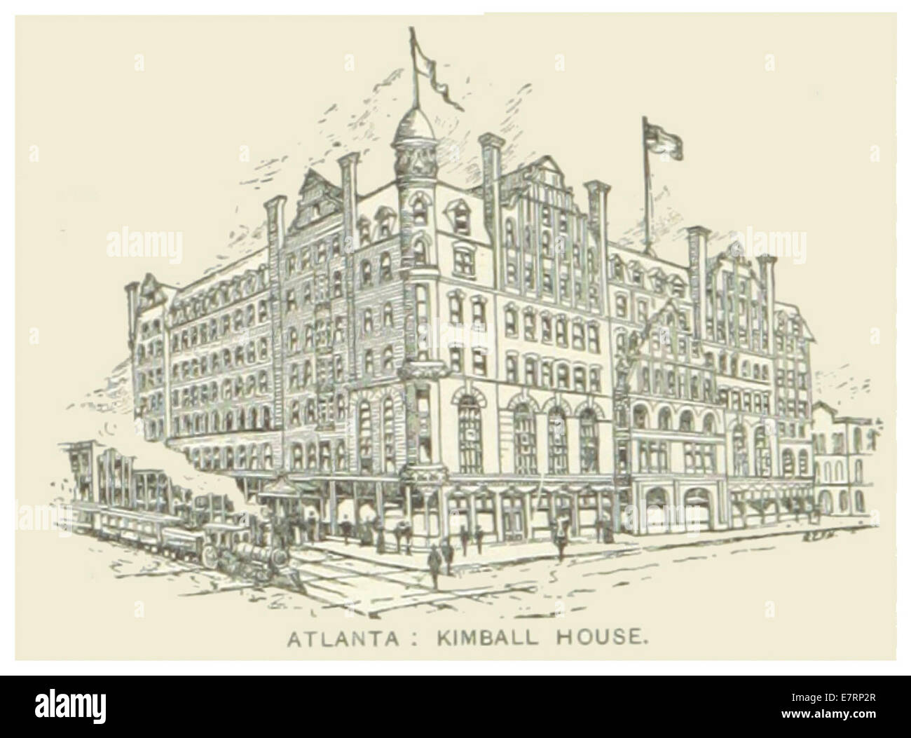 Questa illustrazione del 1891 raffigura la Kimball House ad Atlanta, Georgia, mostrando il suo design architettonico e il suo significato come hotel di primo piano durante la fine del XIX secolo. L'edificio era un centro di attività sociale e politica nella città. Foto Stock