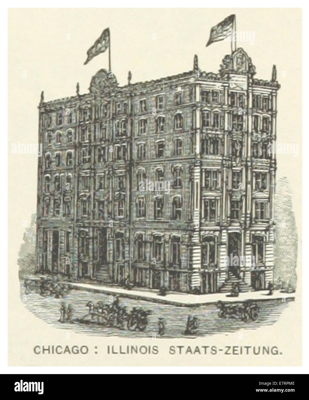 Questa illustrazione del 1891 mostra l'edificio Staats-Zeitung di Chicago, Illinois, che riflette l'importanza di questo giornale in lingua tedesca nel panorama culturale e politico della città all'epoca. Foto Stock