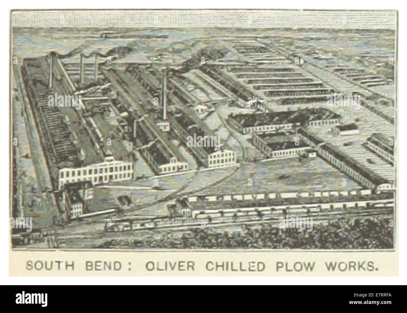 Un'illustrazione del 1891 della Oliver Chilled Plow Works a South Bend, Indiana, raffigurante la produzione industriale di aratri, un importante strumento agricolo alla fine del XIX secolo. Foto Stock