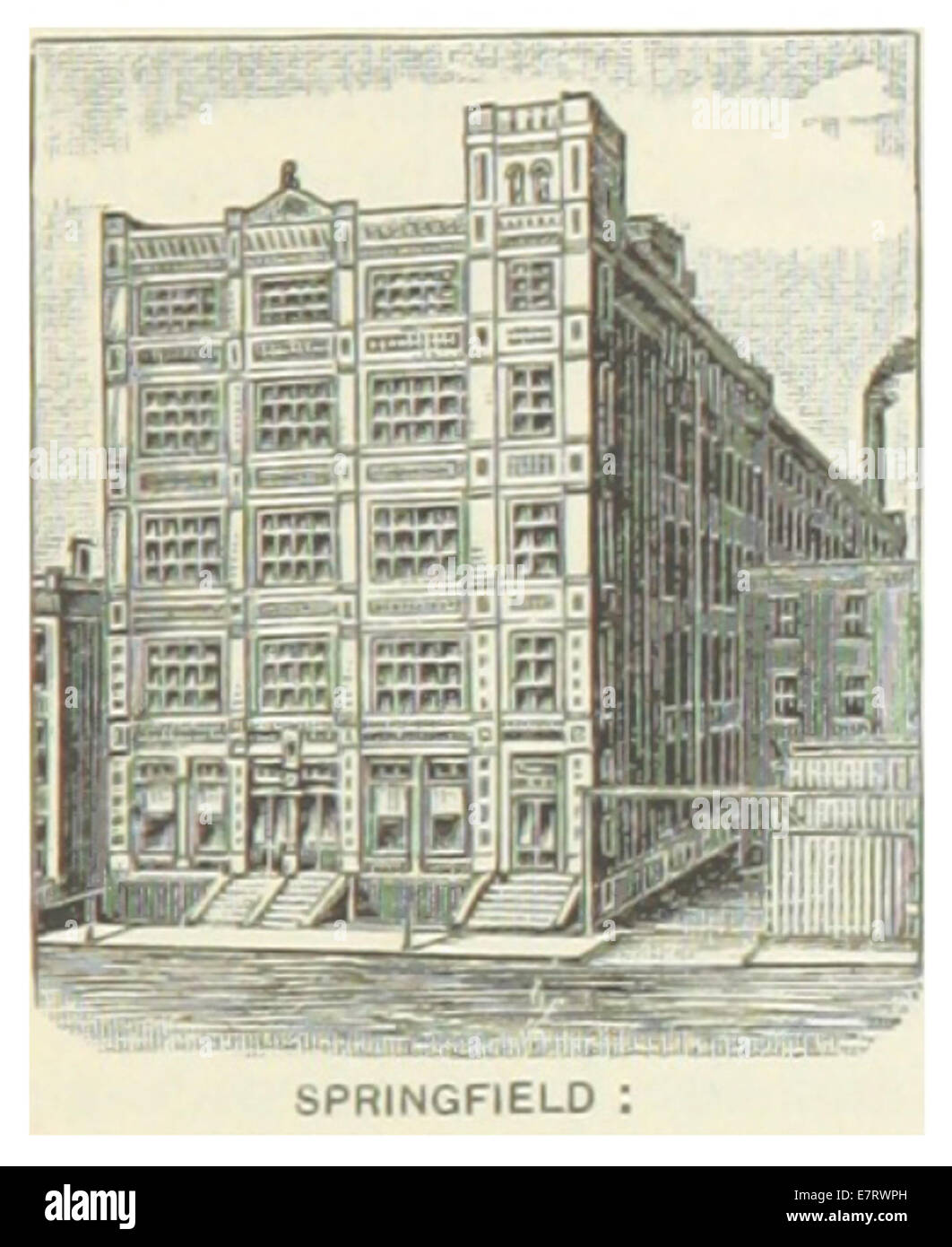Un'illustrazione del 1891 che mostra la Morgan's Envelope Company a Springfield, Massachusetts. L'immagine raffigura l'edificio industriale e le aree circostanti della fine del XIX secolo. Foto Stock