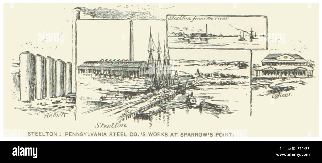 Un'illustrazione del 1891 raffigurante le opere della *Pennsylvania Steel Company* presso *Starrow's Point* a Steelton, Maryland. L'opera d'arte mette in risalto l'architettura industriale e le operazioni in questo importante sito di produzione dell'acciaio durante la fine del XIX secolo. Foto Stock
