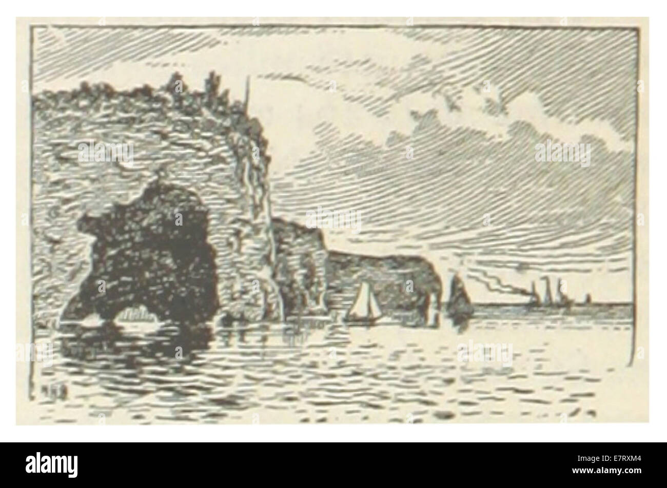 Questa illustrazione del 1891 raffigura le famose Pictured Rocks lungo le rive del lago Superior nel Michigan, evidenziando la bellezza naturale e le formazioni rocciose uniche. Foto Stock