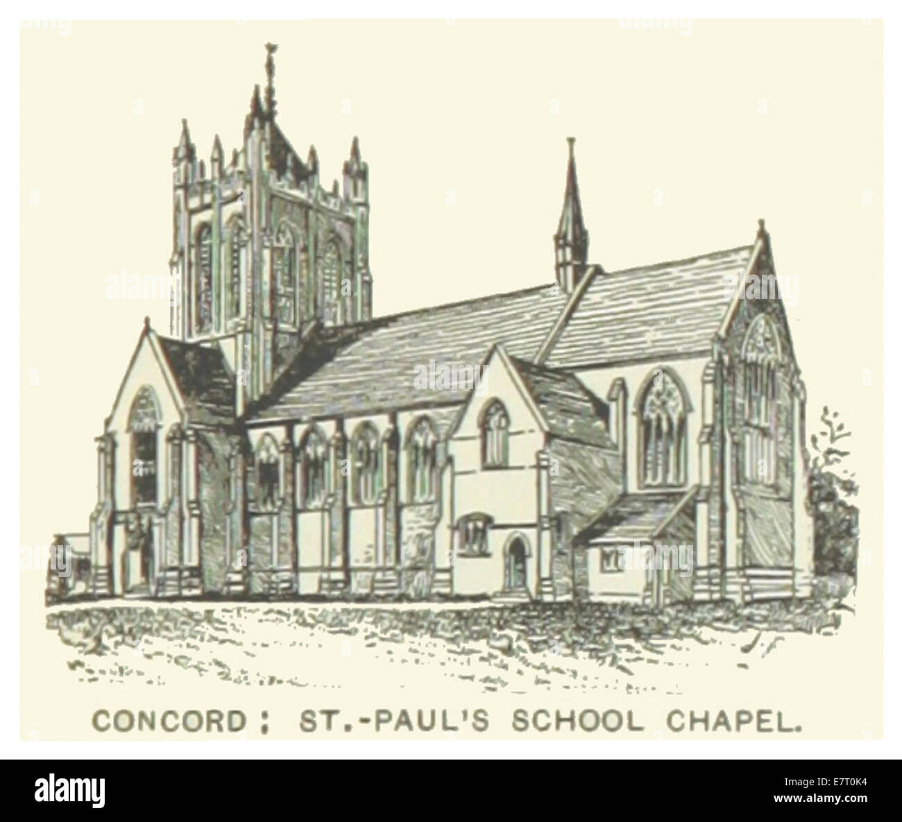 Questa illustrazione del 1891 raffigura la St. Paul's School Chapel a Concord, New Hampshire, che riflette la bellezza architettonica e il significato dell'istituto educativo. Foto Stock