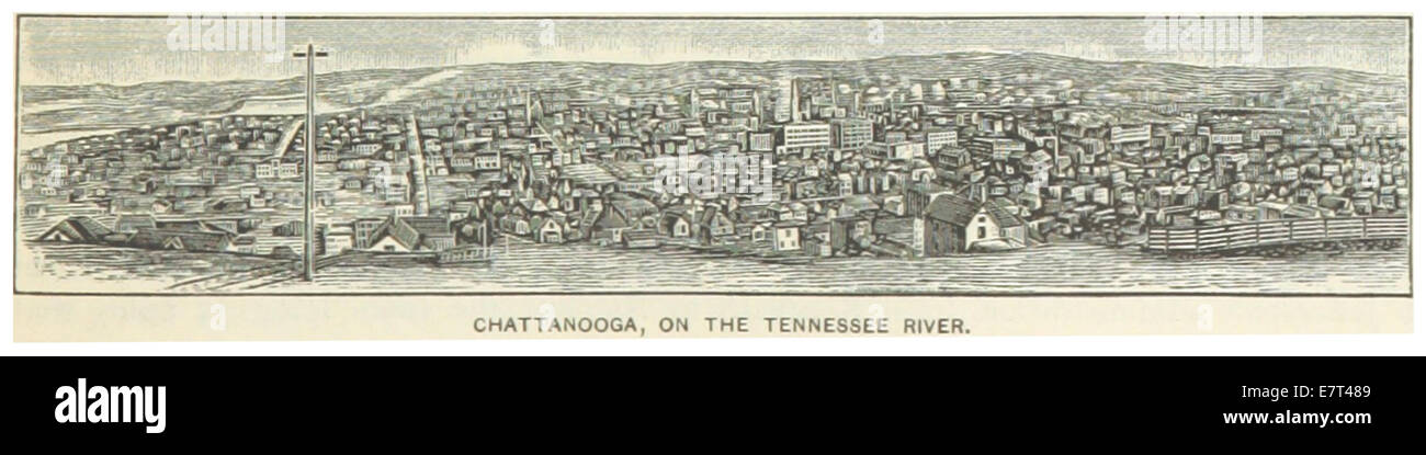 Questa illustrazione del 1891 di Chattanooga, Tennessee, mostra la sua posizione lungo il fiume Tennessee. La mappa evidenzia la topografia della città e le caratteristiche fluviali alla fine del XIX secolo. Foto Stock