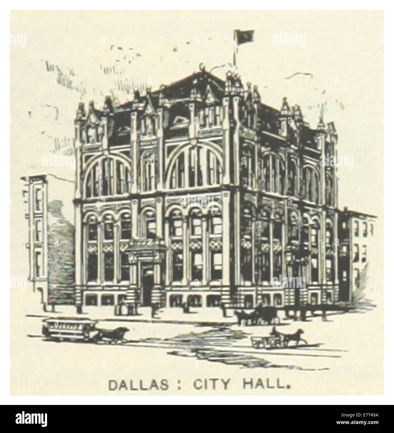 Questa illustrazione del 1891 mostra il municipio di Dallas, un importante edificio governativo che funge da centro amministrativo di Dallas, Texas. Foto Stock