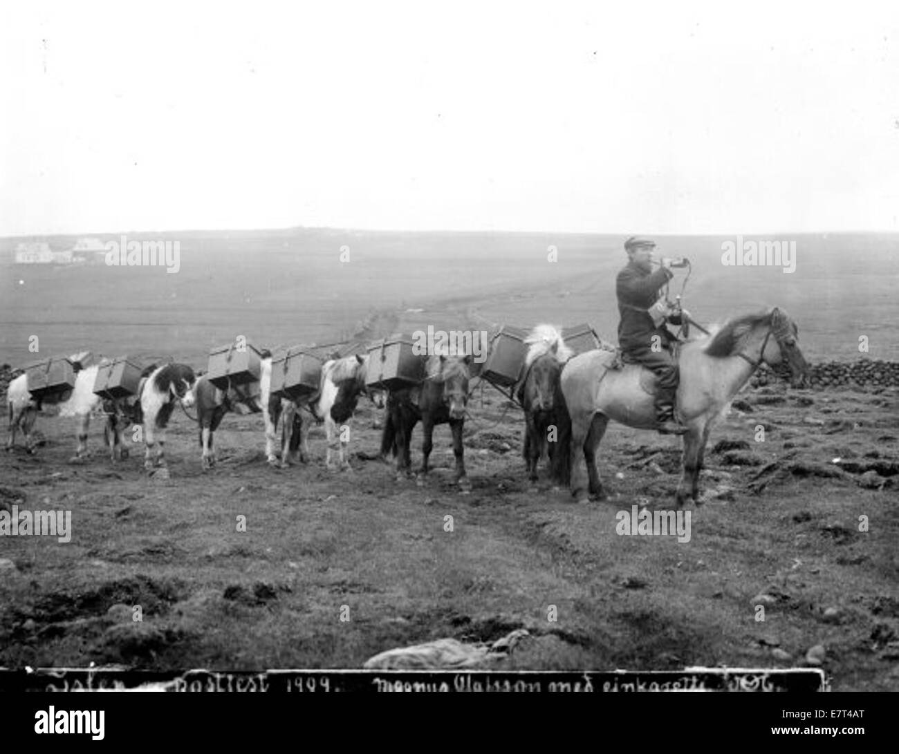 Una fotografia che mostra Hans a cavallo, probabilmente scattata intorno al 1909. L'immagine raffigura Hans e i cavalli in un ambiente rurale, che riflette la vita quotidiana in Norvegia all'inizio del XX secolo. Foto Stock