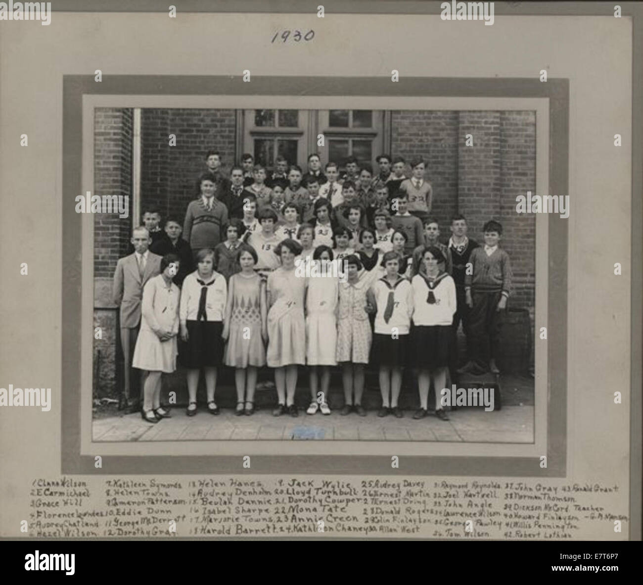 Questa fotografia cattura l'ingresso di una classe o di un edificio, probabilmente degli anni '1930, che mostra il design architettonico o l'ingresso di un'istituzione educativa durante quel periodo. Foto Stock