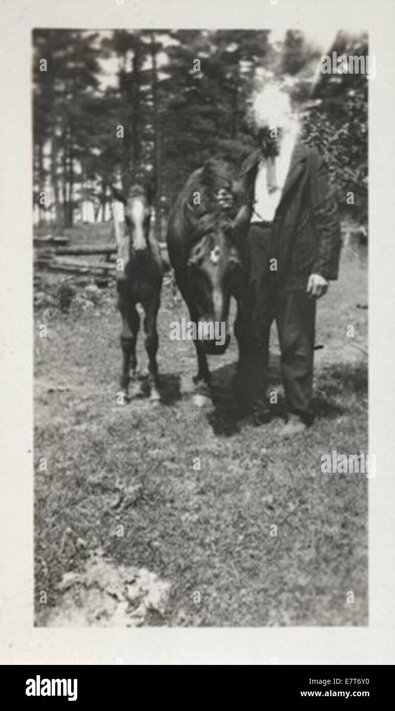 Questa fotografia raffigura un khan (leader tribale) con due cavalli, che riflette la tradizionale cultura nomade. L'immagine cattura la forza e l'orgoglio del leader con i suoi cavalli, incarnando il significato culturale dei cavalli nella regione. Foto Stock