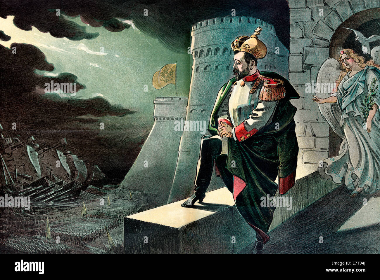 Delusione - Tsar Nicholas II, l'imperatore di Russia, in piedi su un parapetto su un castello, guardando verso il basso in corrispondenza di una massiccia raccolta esercito sotto le nuvole scure; una figura femminile etichettato 'pace' è in piedi dietro di lui, cercando in questione. Cartoon politico, 1899 Foto Stock