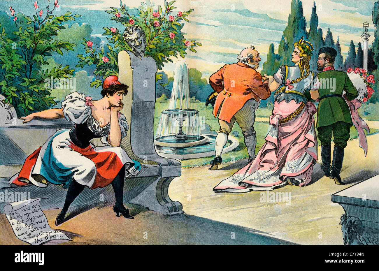 La fidanzata Jilted - Francia - C'est abominevoli! E pensare che pochi mesi fa aveva giurato fedeltà eterna a me - uno sconsolato figura femminile denominata " Francia ", che indossa un berretto frigio e un tri-color abito, seduta su una panchina, guardare come un alto, bionda regina è scortato da "J.B. " e " Russia "; vi è una carta ai suoi piedi che indica 'Il vostro sono cordialmente invitati a lasciare i bygones essere i bygones e partecipare a un congresso di pace. Lo zar'. Cartoon politico 1898 Foto Stock