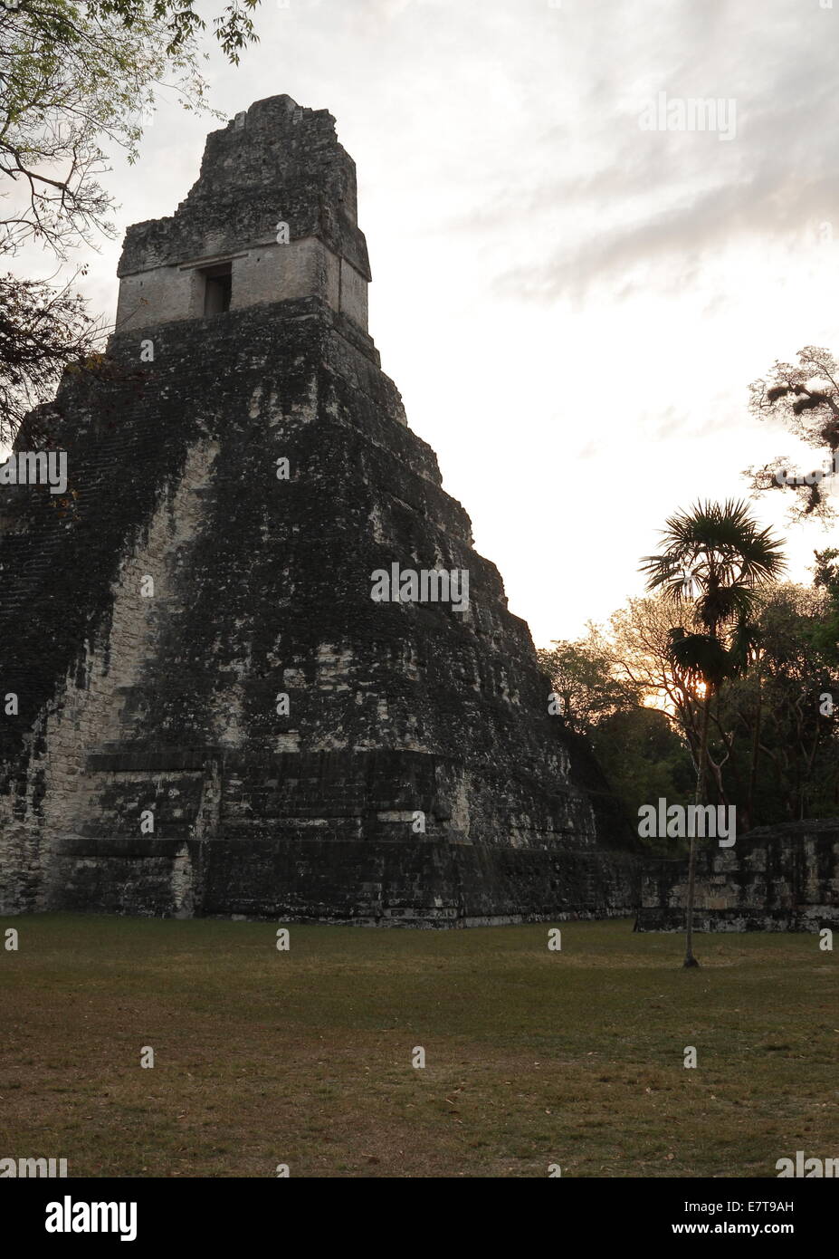 Il rovinato tempio Maya nella città abbandonate di Tikal, un famoso parco nazionale in Guatemala. alba. Foto Stock