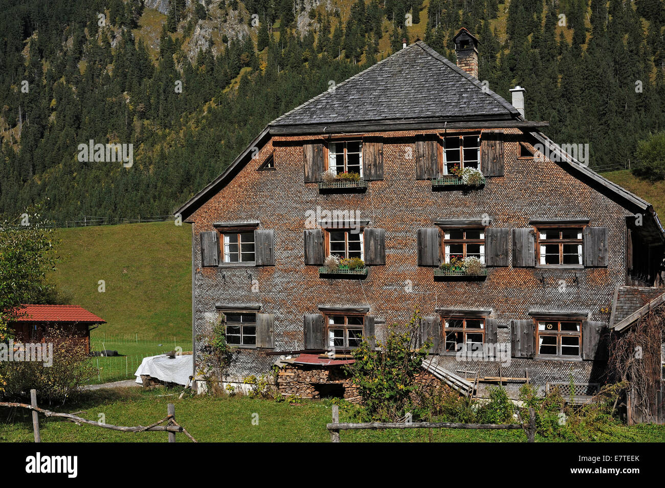 Agriturismo, 200 anni, con una facciata di ciottoli, ora una casa per le vacanze, Hinterstein, Oberallgäu, Baviera, Germania Foto Stock