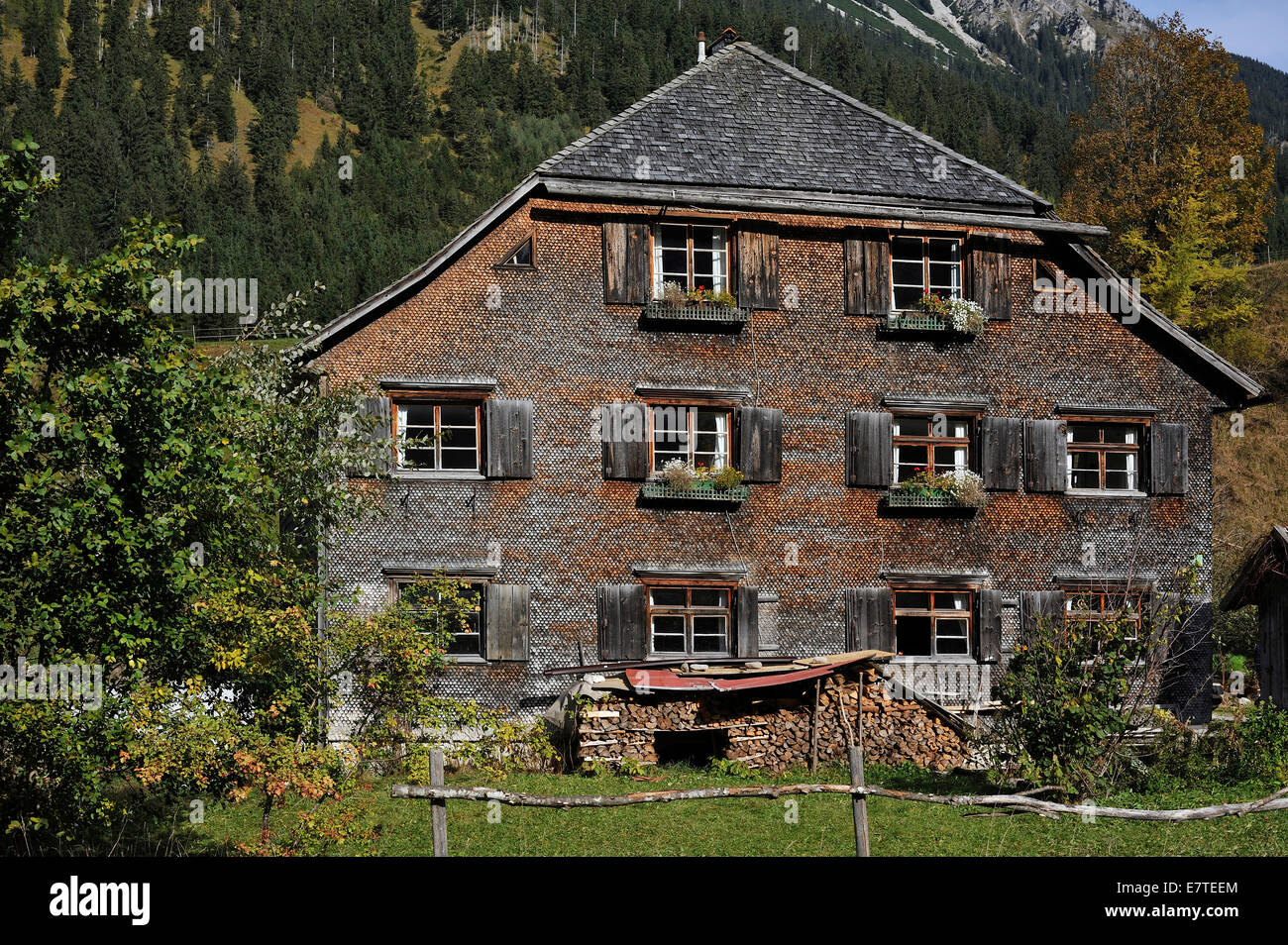 Agriturismo, 200 anni, con una facciata di ciottoli, ora una casa per le vacanze, Hinterstein, Oberallgäu, Baviera, Germania Foto Stock