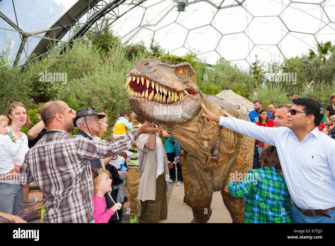 Un dinosauro sulla loose (con protezioni) intrattiene i bambini e le famiglie al Progetto Eden in Bodelva, Saint Austell Cornwall Regno Unito Foto Stock