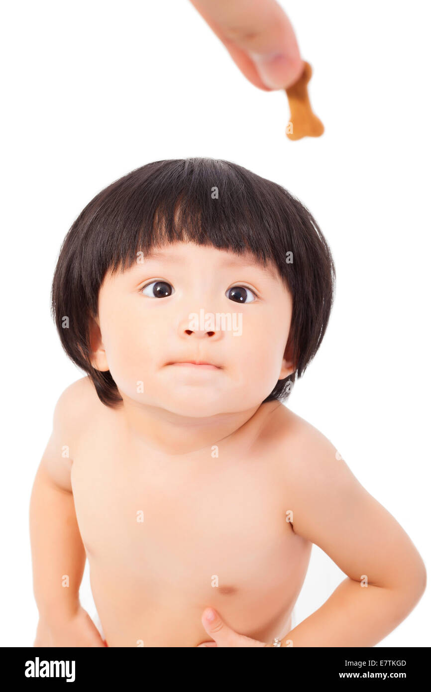 Carino Baby girl in un pannolino messa a fuoco sul cookie su sfondo bianco Foto Stock