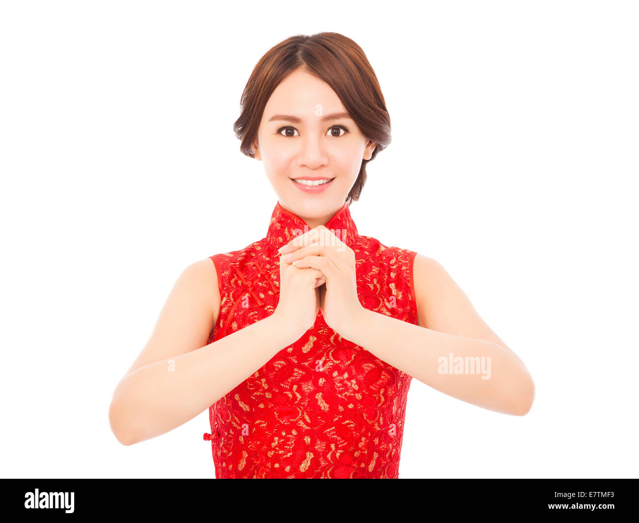Felice anno nuovo cinese.bella donna asiatica con gesto di saluti Foto Stock