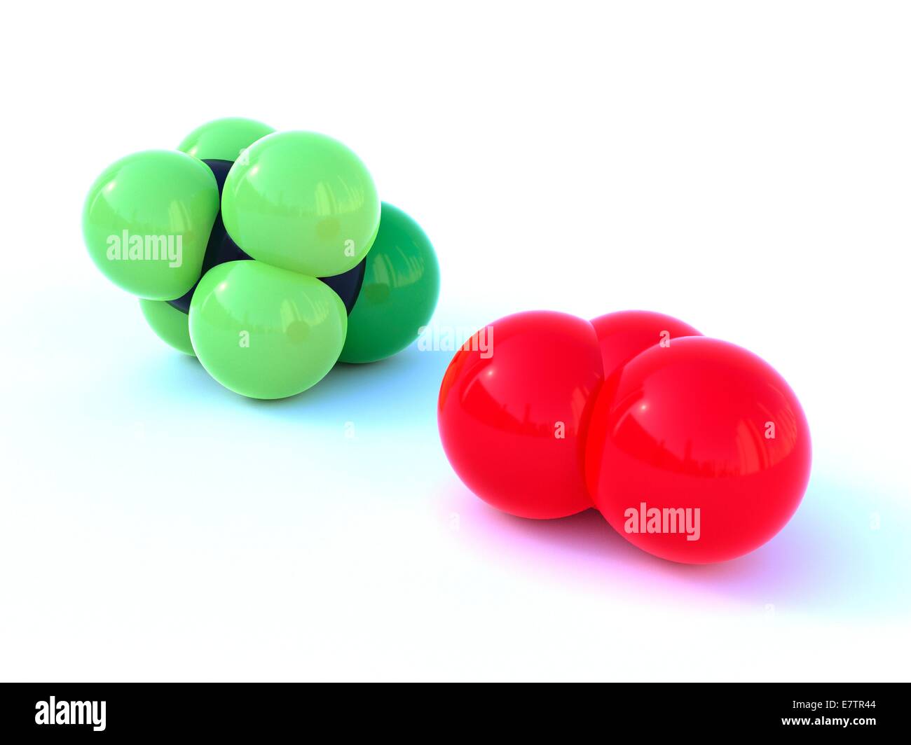 La struttura molecolare del freon (CFC 15) e ozono e computer grafica. Foto Stock