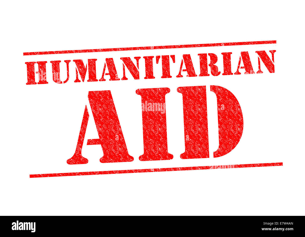 Aiuti umanitari rosso timbro di gomma su uno sfondo bianco. Foto Stock