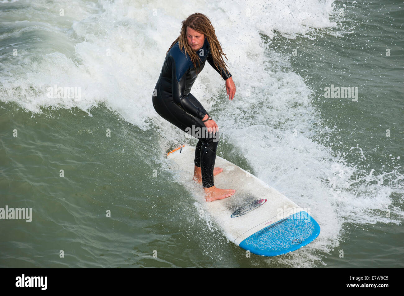 Surfer con dreadlocks in nero muta wave riding sulla tavola da surf come si rompe lungo la costa del Mare del Nord Foto Stock