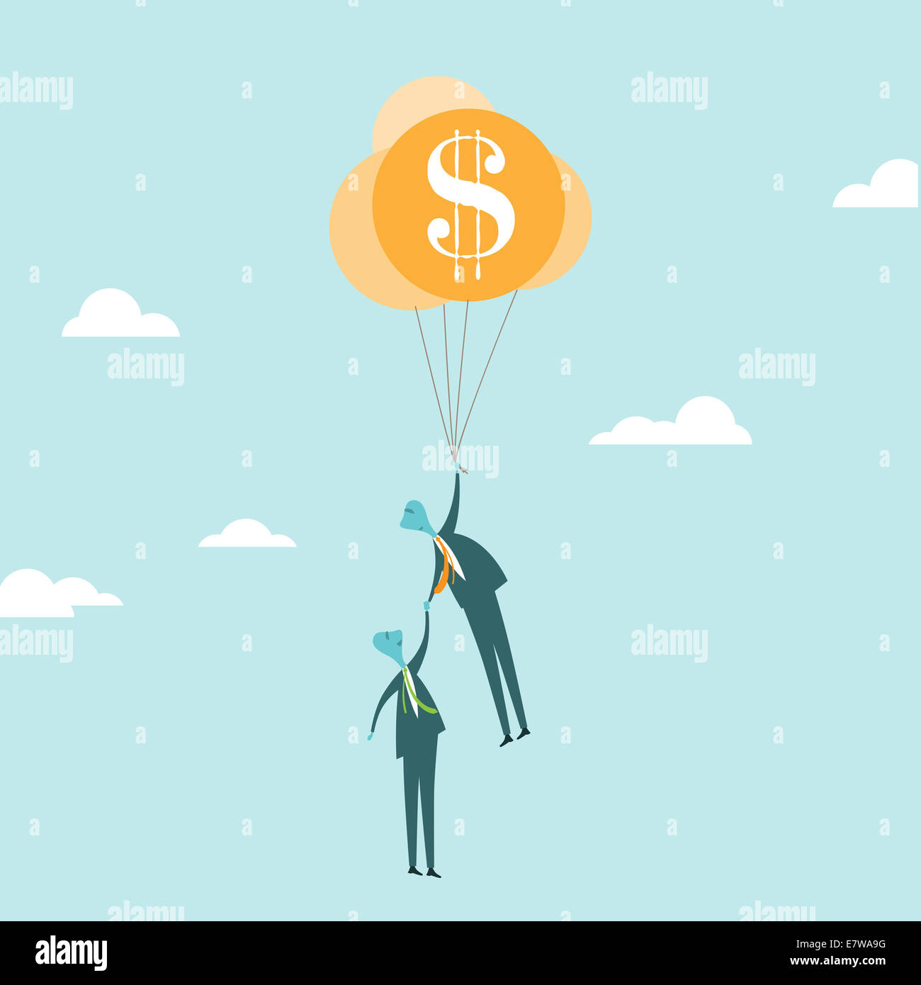 Illustrazione vettoriale di un imprenditore holding di palloncini di sicurezza finanziaria il salvataggio di altri proprietari dalla sua scomparsa. Foto Stock