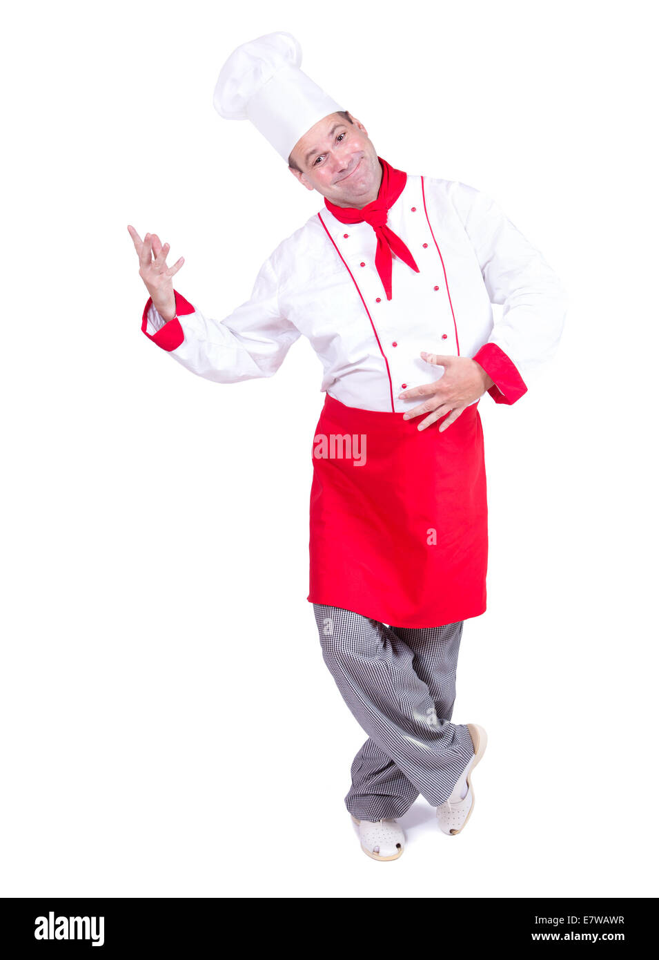 Allegro chef invita isolati su sfondo bianco Foto Stock