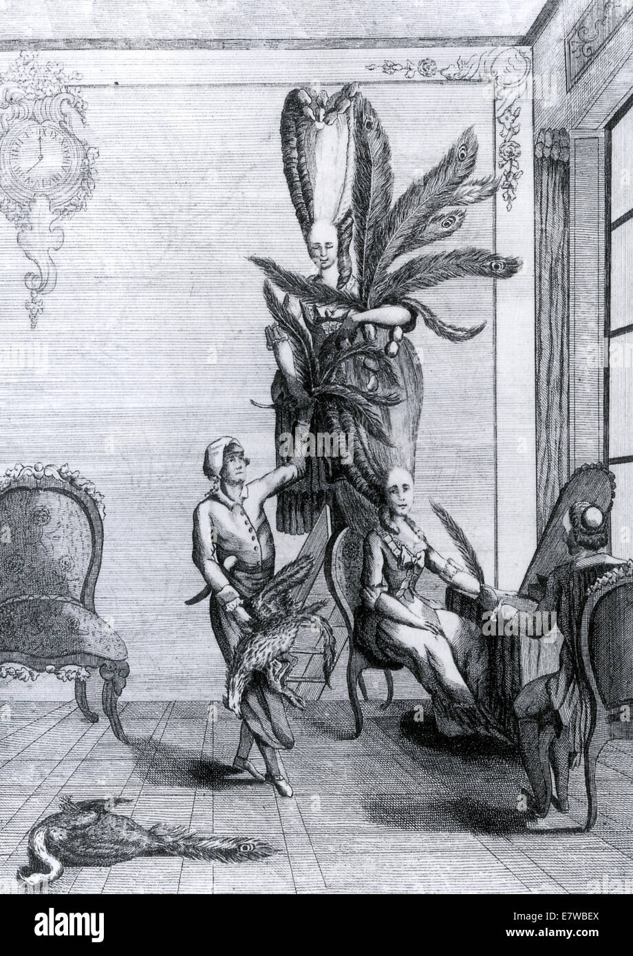 TOILETTE DE LA DUCHESSA DES pennacchi di incisione francese circa 1775 satirising la moda per acconciature torreggianti - vedere la descrizione Foto Stock