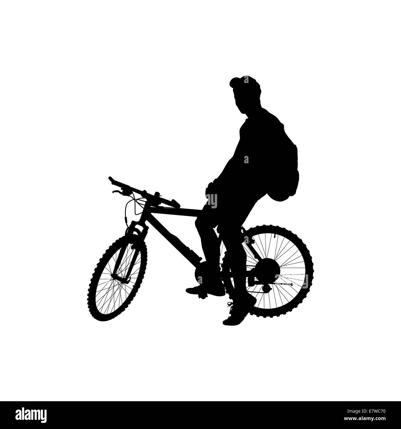 Uomo con uno zaino su una bicicletta Foto Stock