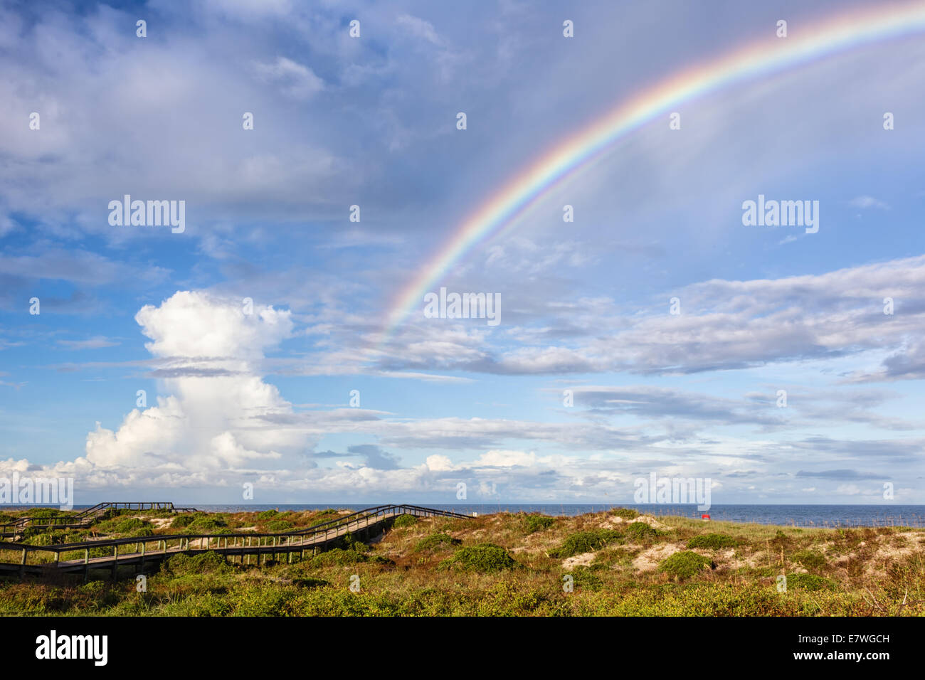 Bellissimo arcobaleno su soleggiati bellissime dune di sabbia in spiaggia, Amelia Island, Florida. Foto Stock