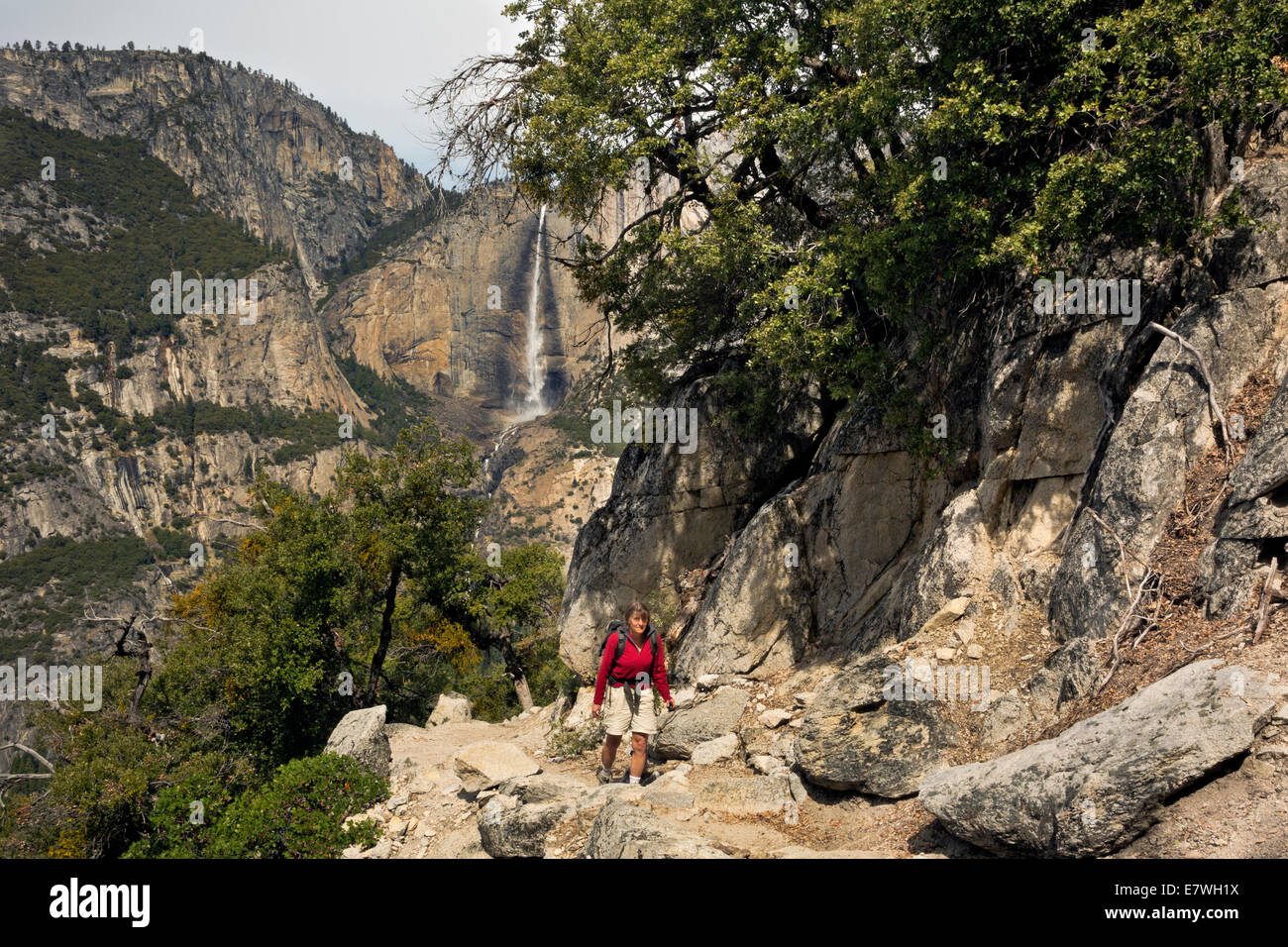 CA02324-00...CALIFORNIA - escursionista sulle quattro miglia di trail con Yosemite superiore rientrano nella distanza nel Parco Nazionale di Yosemite. Foto Stock