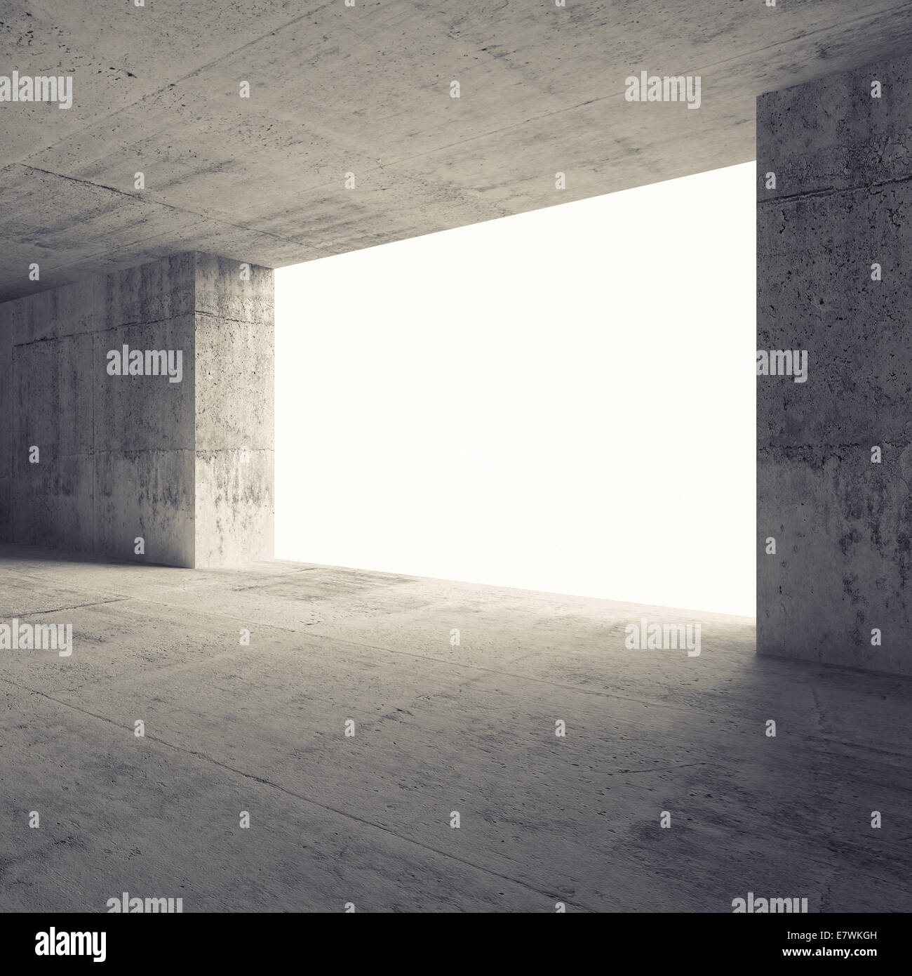 Abstract stanza vuota 3d interni con pareti in calcestruzzo e vetro incandescente Foto Stock