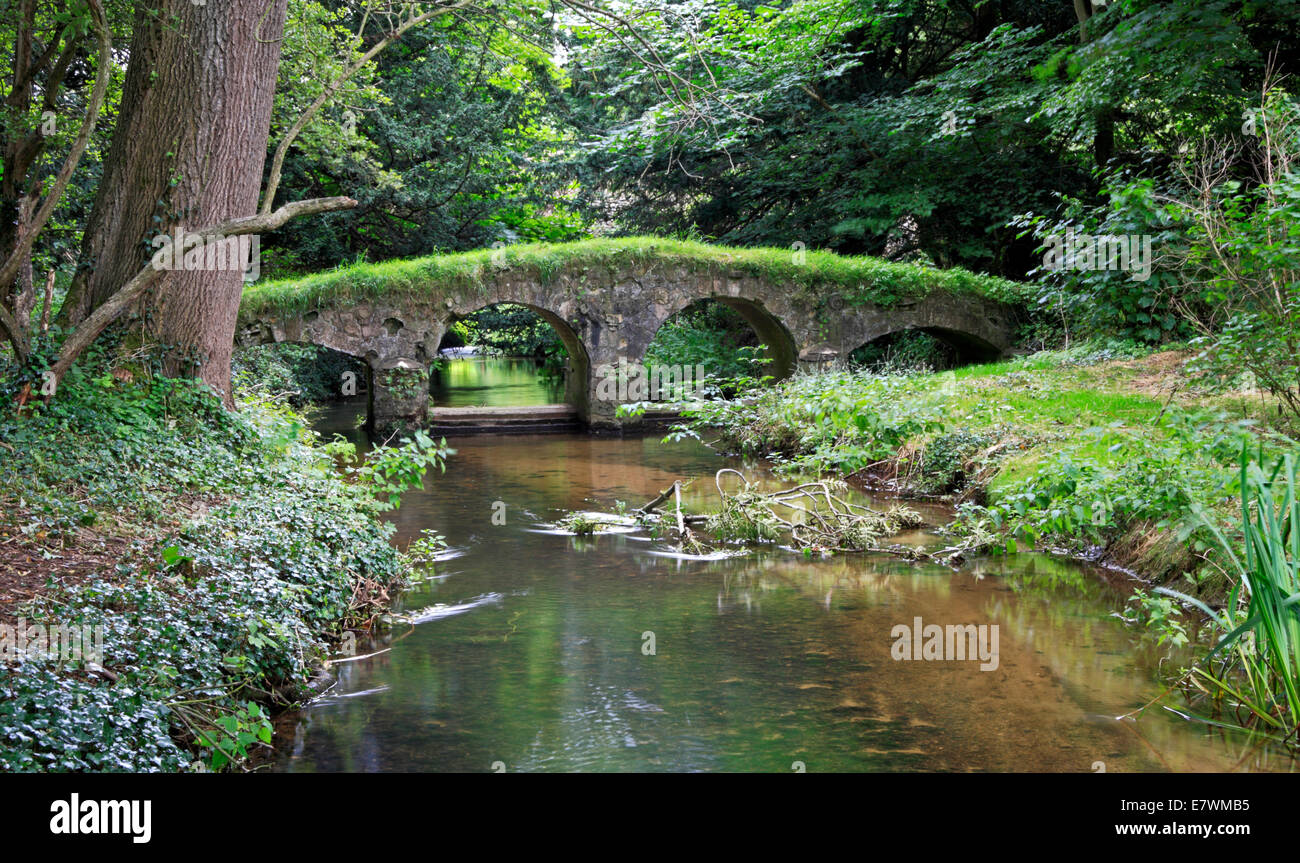 Una vista del Packhorse ponte sopra il fiume Stiffkey a Little Walsingham, Norfolk, Inghilterra, Regno Unito. Foto Stock