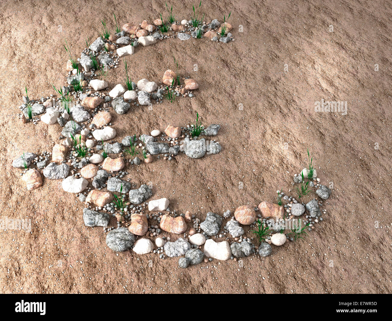 Simbolo dell'euro fatta di ciottoli sulla sabbia, 3d illustrazione Foto Stock
