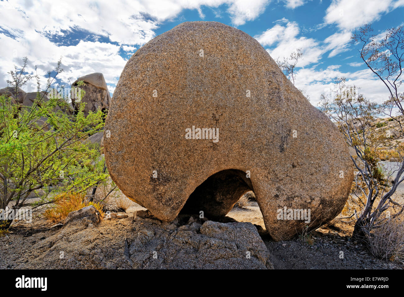 Una forma rotonda grande roccia di granito con un foro erosed, Split rocce, Joshua Tree National Park, Centro del deserto, CALIFORNIA, STATI UNITI D'AMERICA Foto Stock