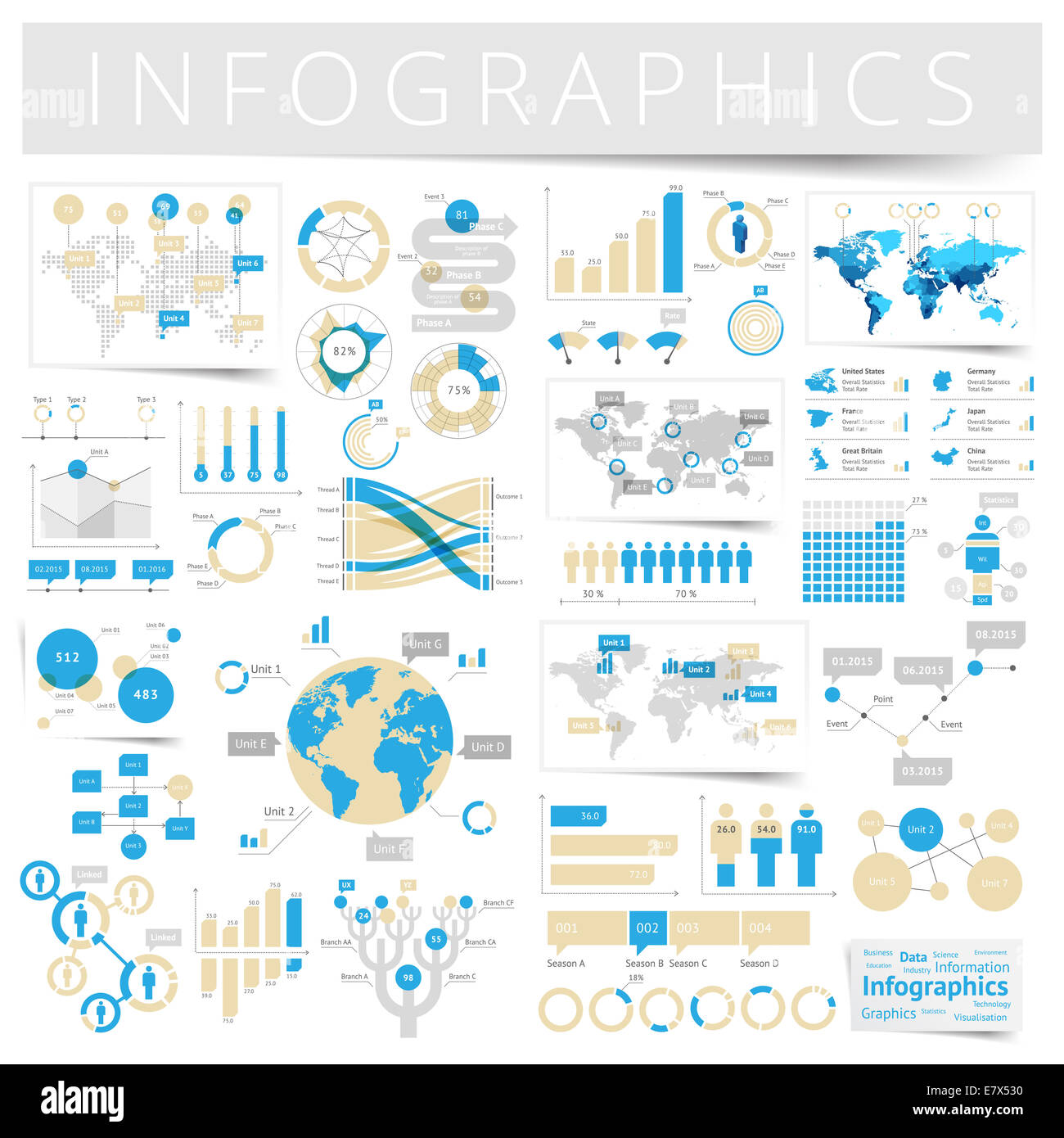 Infographics con icone dati, mappa Mondo grafici ed elementi di design. Foto Stock