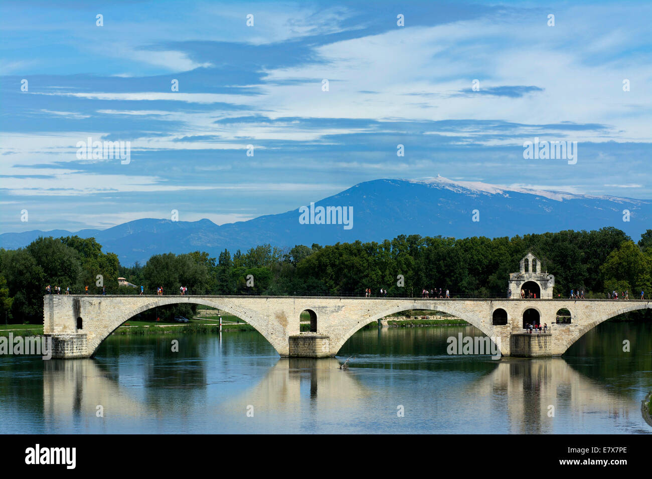 Mont Ventoux sullo sfondo e il famoso Ponte Saint Benezet sul Rodano, Avignone, Vaucluse, Provence-Alpes-Costa Azzurra, Francia. Foto Stock