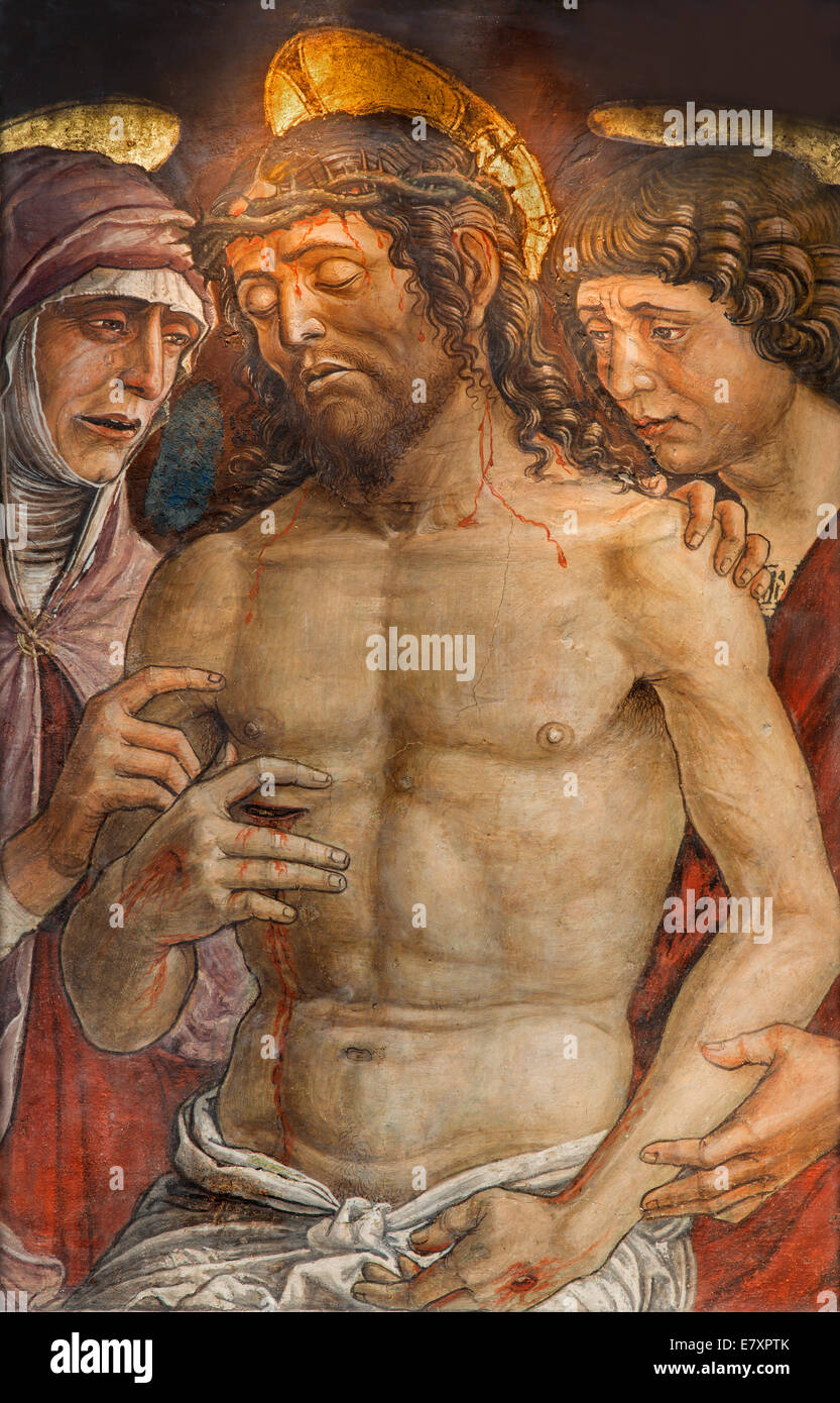 Padova - la Deposizione della Croce o torturati Gesù affresco di scuola del Mantegna dal 15. secolo nella chiesa di Santa Maria dei Servi. Foto Stock