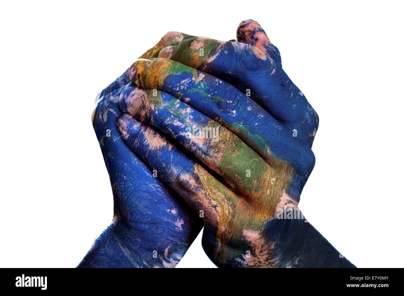 Una mappa del mondo in man mano formando un globo (mappa terrestre arredate dalla NASA) Foto Stock