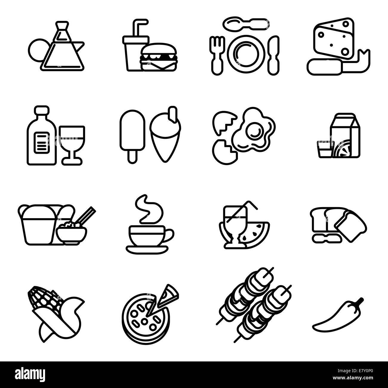 Icona di cibo tra cui le icone per burger, formaggio, pizza, caffè e molti altri Foto Stock