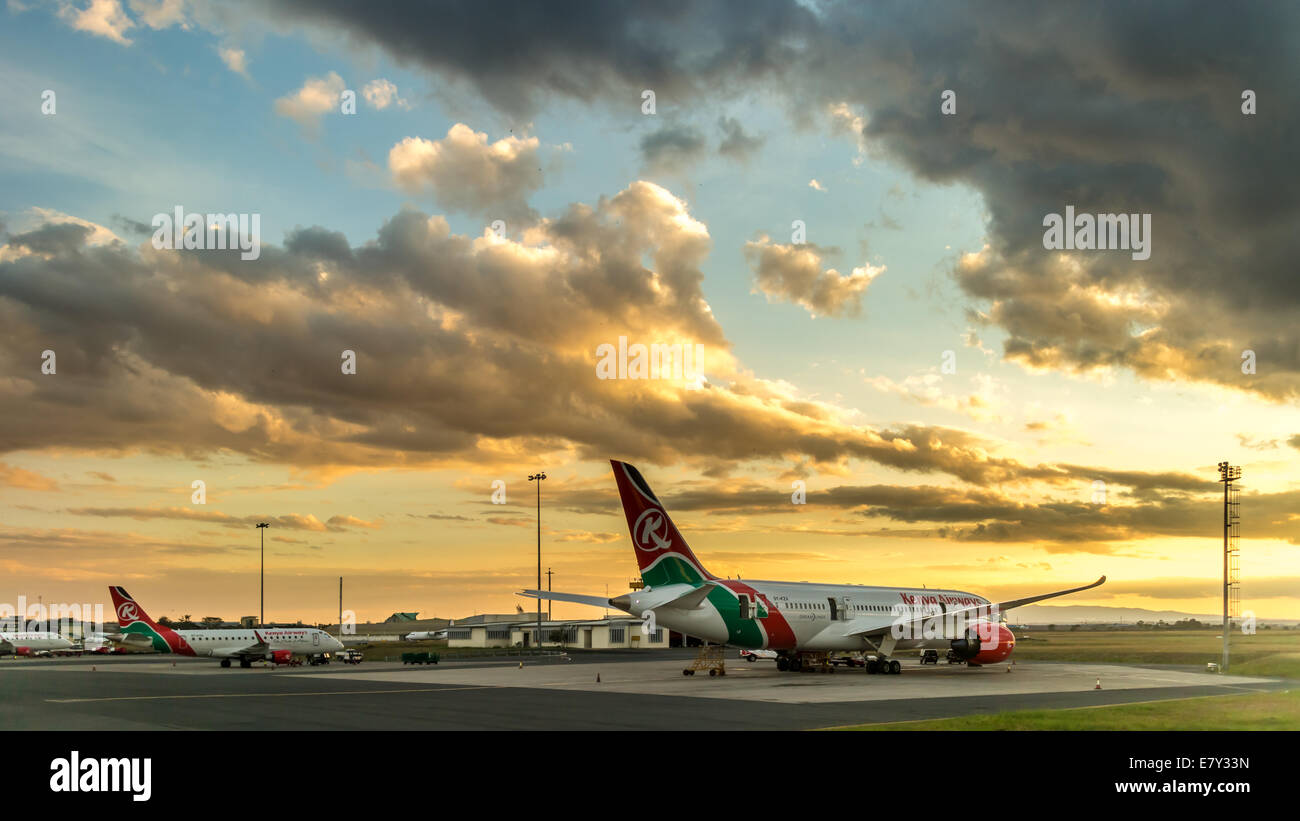 Il Boeing 787 Dreamliner, l'ultima edizione per il Kenya Airways, parcheggiato al Jomo Kenyatta Airport di Nairobi, in Kenya Foto Stock