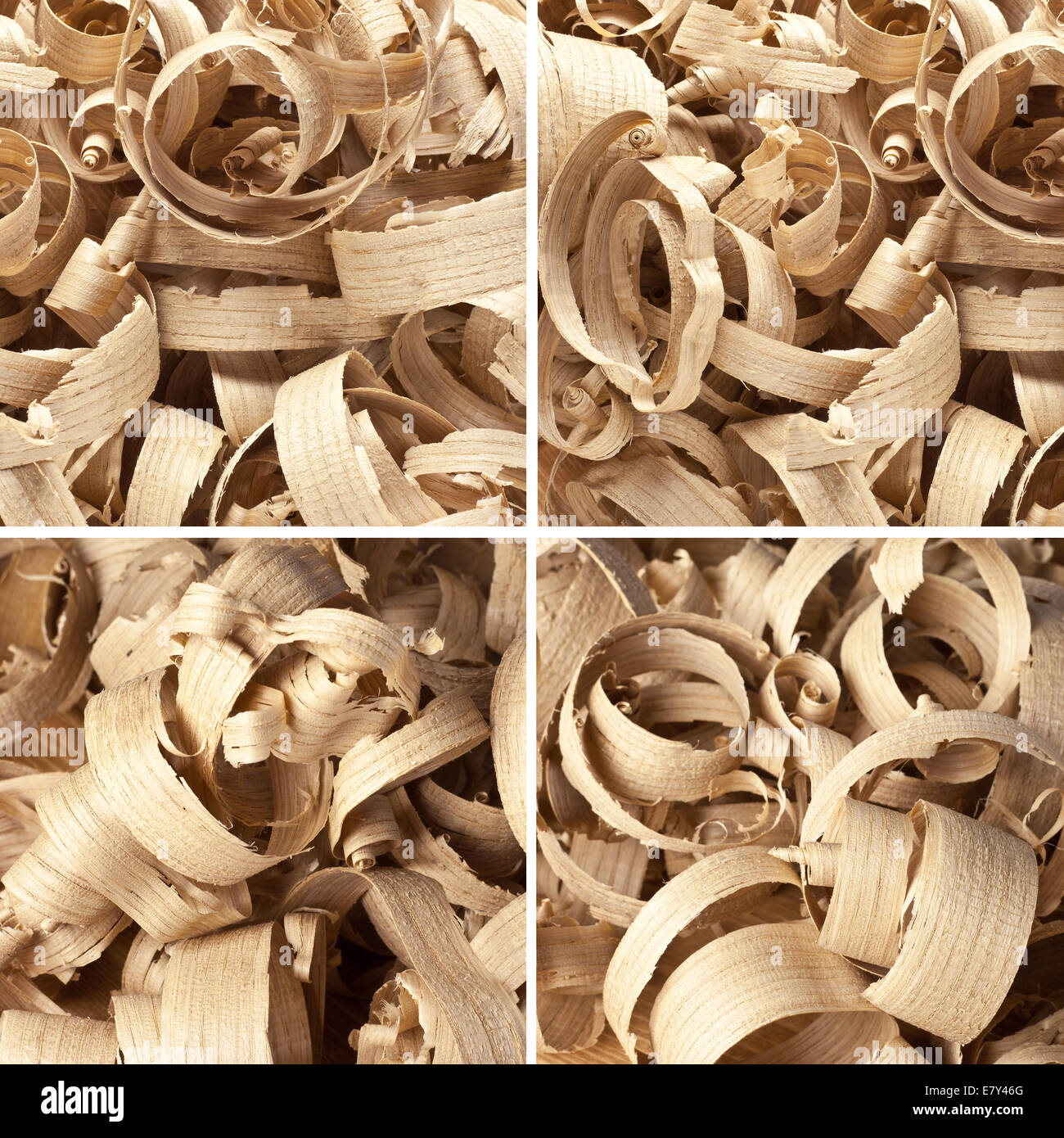 Raccolta di trucioli di legno in laboratorio su tavole Foto Stock