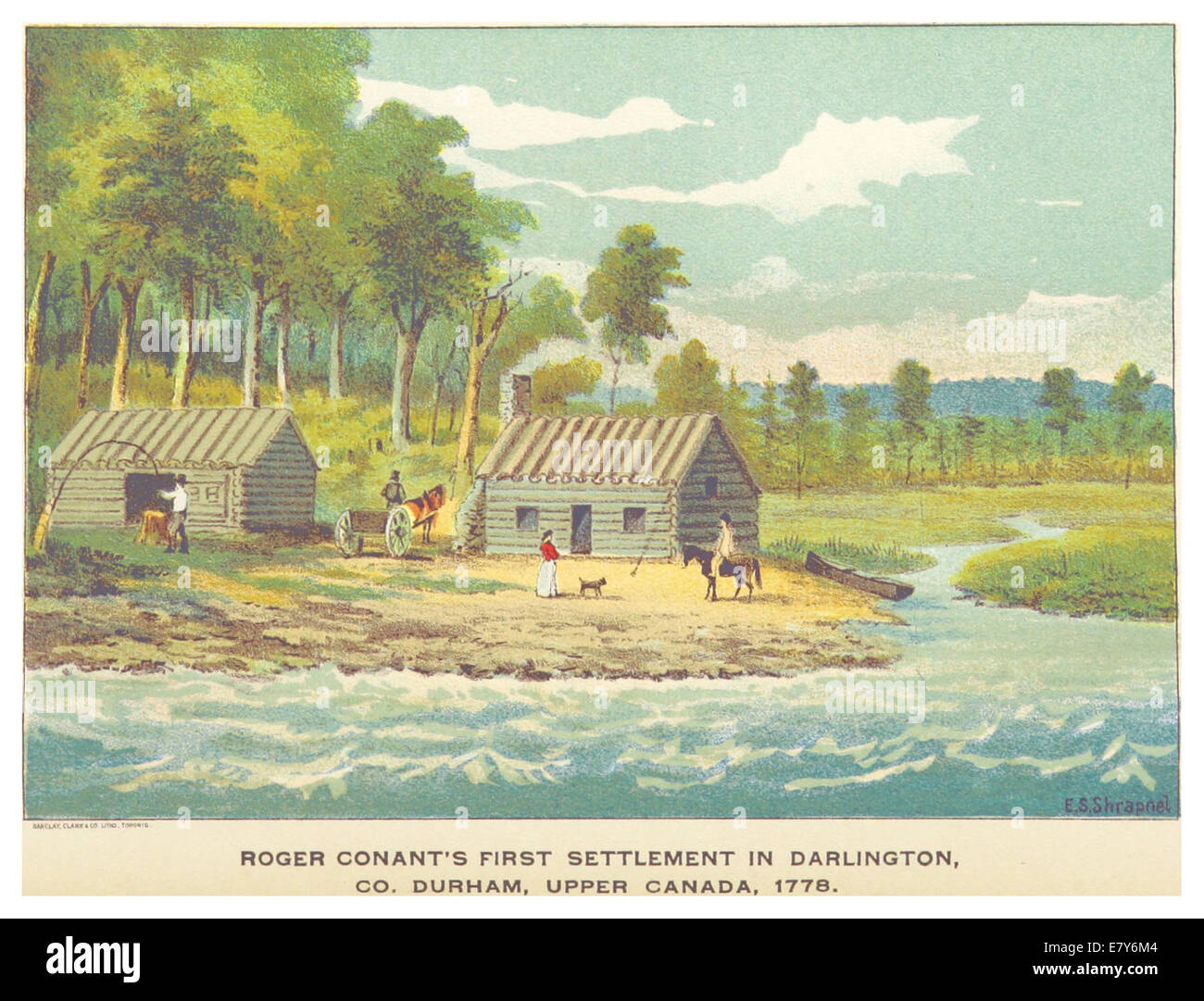 Questa immagine illustra il primo insediamento di Roger Conant nell'alto Canada, risalente al 1898. Il disegno raffigura le prime fasi dell'insediamento nella regione. Foto Stock