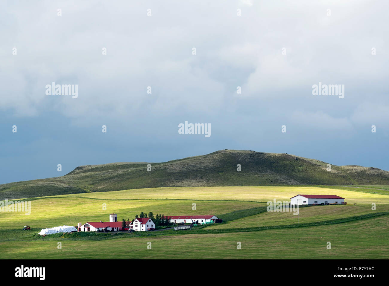 Bellissima vista di parecchie case in un campo verde Foto Stock