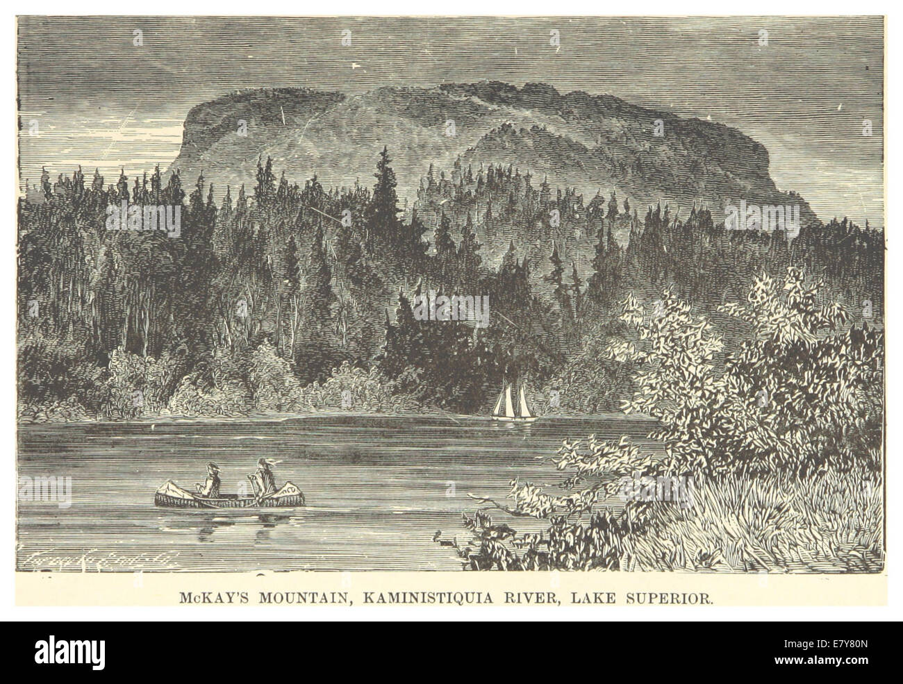 Un'illustrazione del 1881 di Dent, che mostra la montagna di McKay lungo il fiume Kaministiquia vicino al lago superiore. L'immagine evidenzia il paesaggio e le caratteristiche naturali della regione durante il XIX secolo. Foto Stock