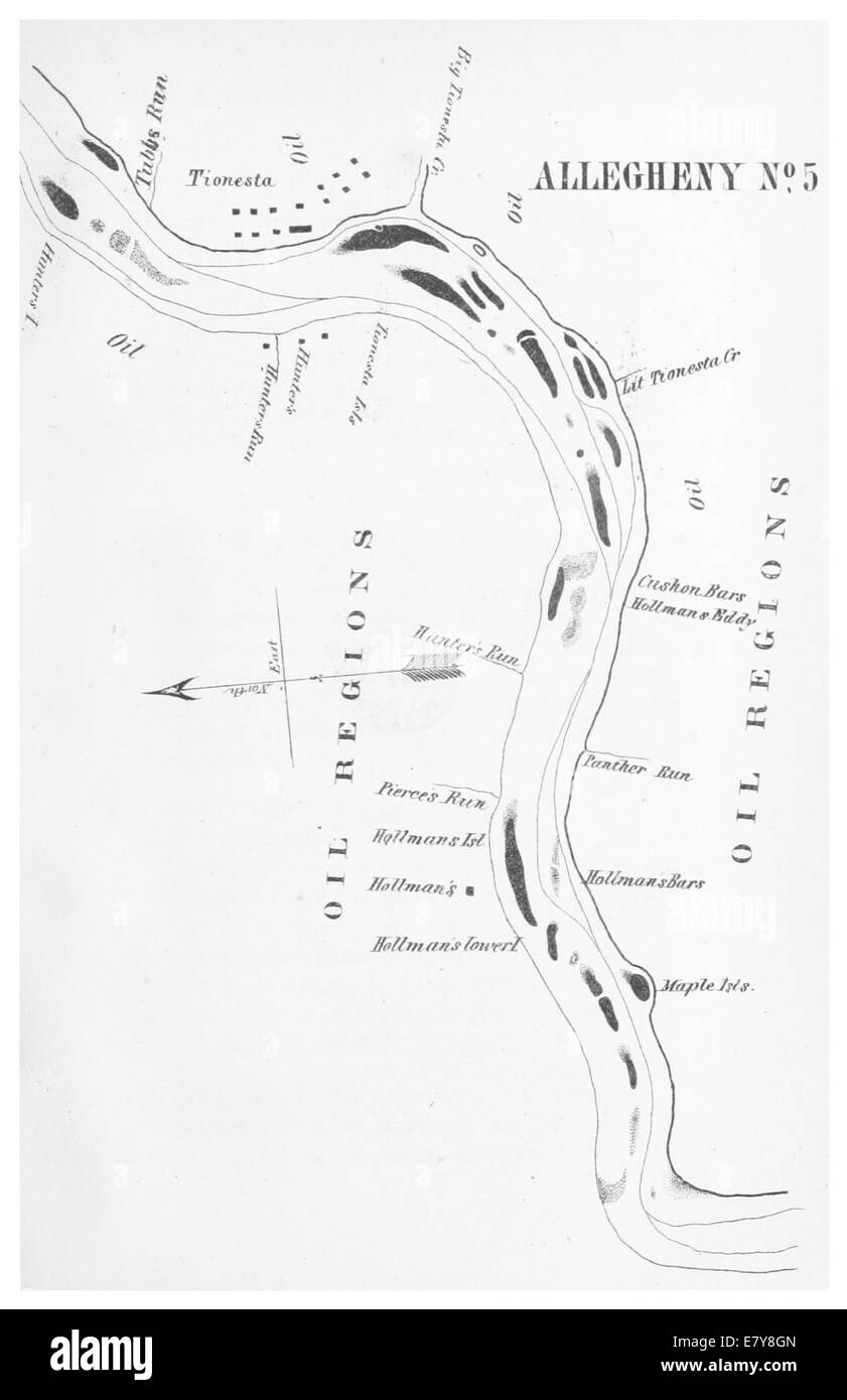 Questo si riferisce alla pagina 61 del lavoro di Gillelen del 1864, che include una mappa di Oil Creek e del fiume Allegheny, luoghi significativi nella storia del petrolio americano. Foto Stock