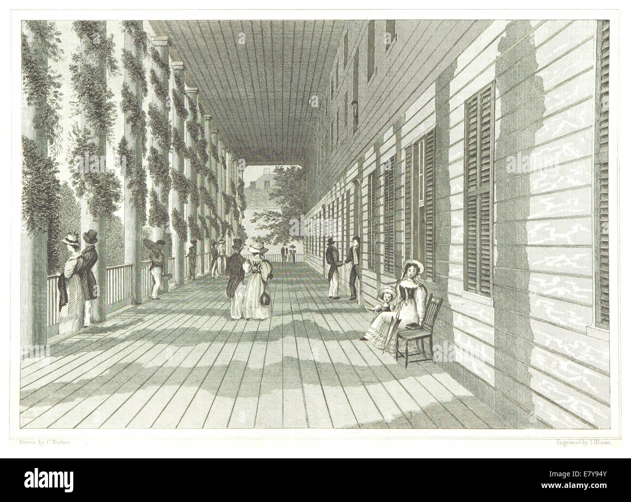 Pagina 2,100 dal lavoro di Hinton del 1834 che raffigura la Plaza of Congress Hall a Saratoga Springs, New York, mostrando il suo significato architettonico e storico come sede chiave durante il XIX secolo. Foto Stock