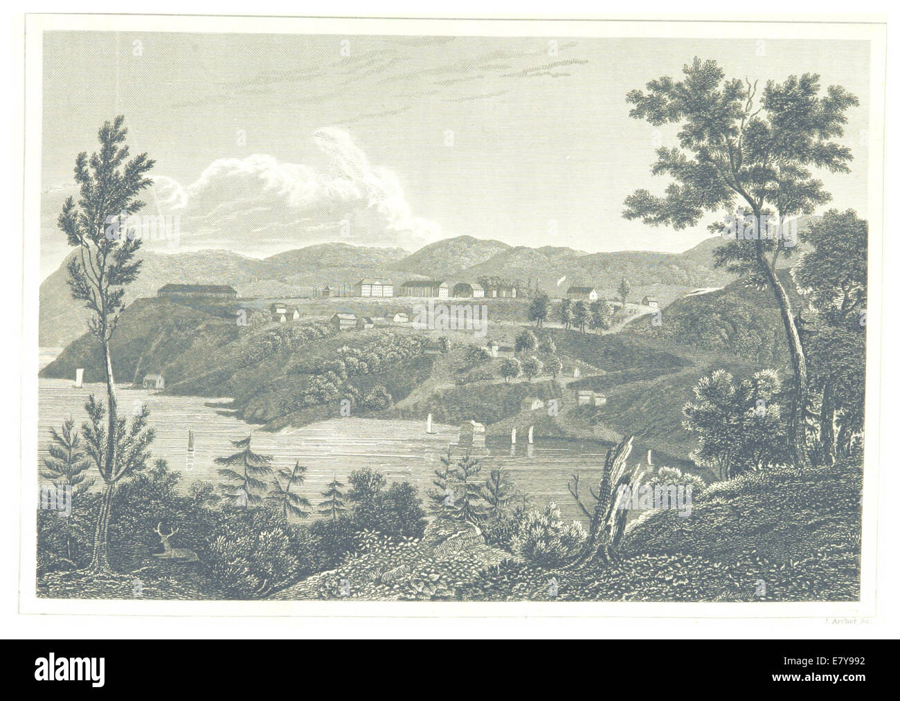 Un'illustrazione del 1834 raffigurante la United States Military Academy a West Point, New York, che mostra la struttura del campus e il design architettonico del periodo. Foto Stock