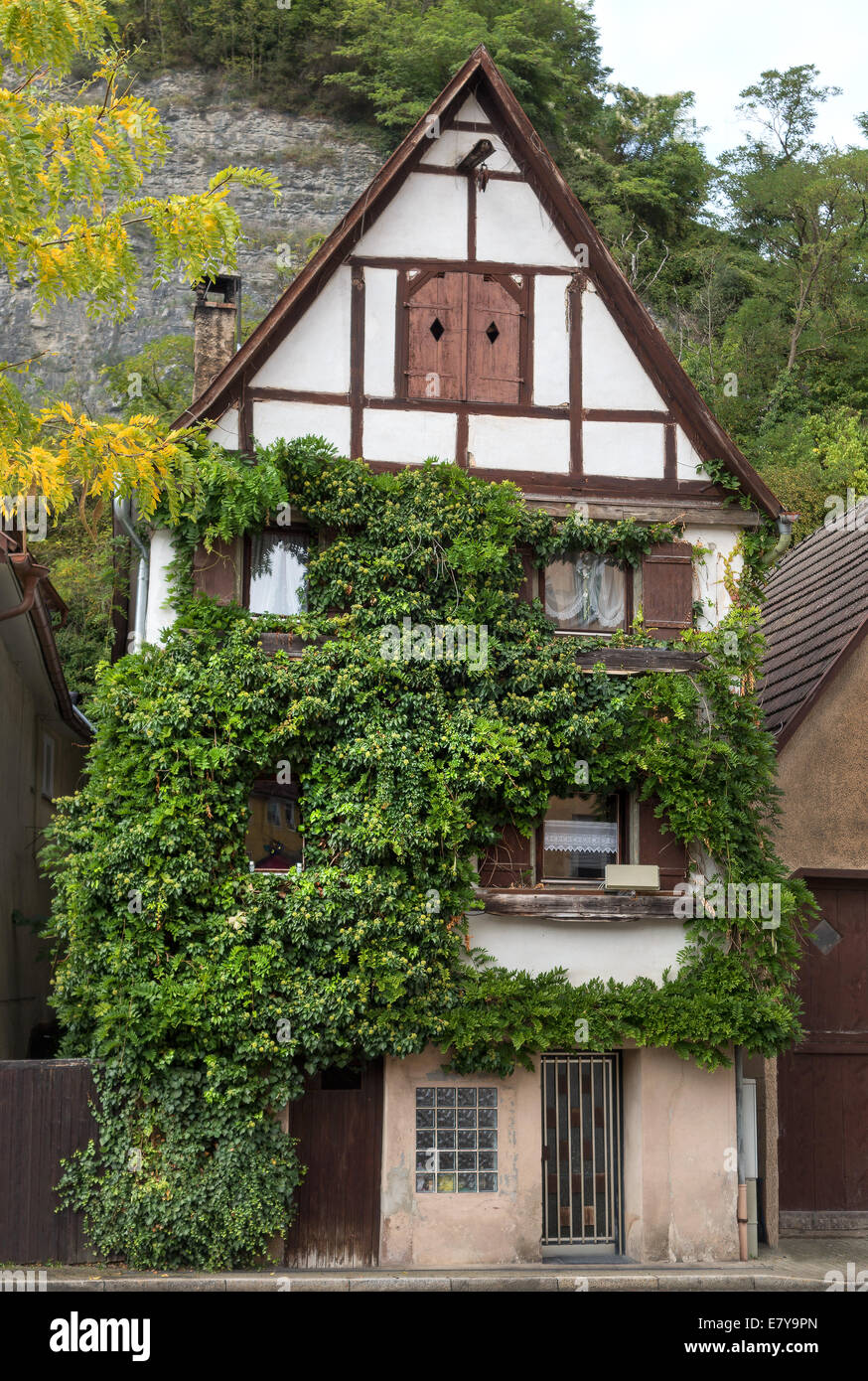 Incolto vecchia casa in legno e muratura Foto Stock