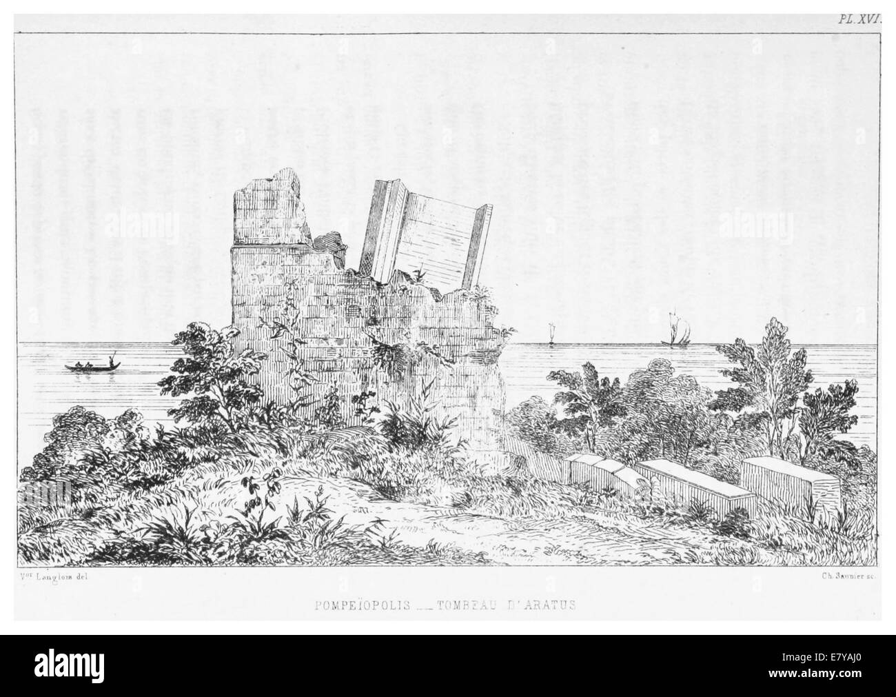 Un'illustrazione del 1861 di Langlois raffigurante Pompeipolis, un'antica città. Lo schizzo offre uno scorcio delle rovine e dell'architettura della città, contribuendo alla comprensione storica degli antichi insediamenti urbani. Foto Stock