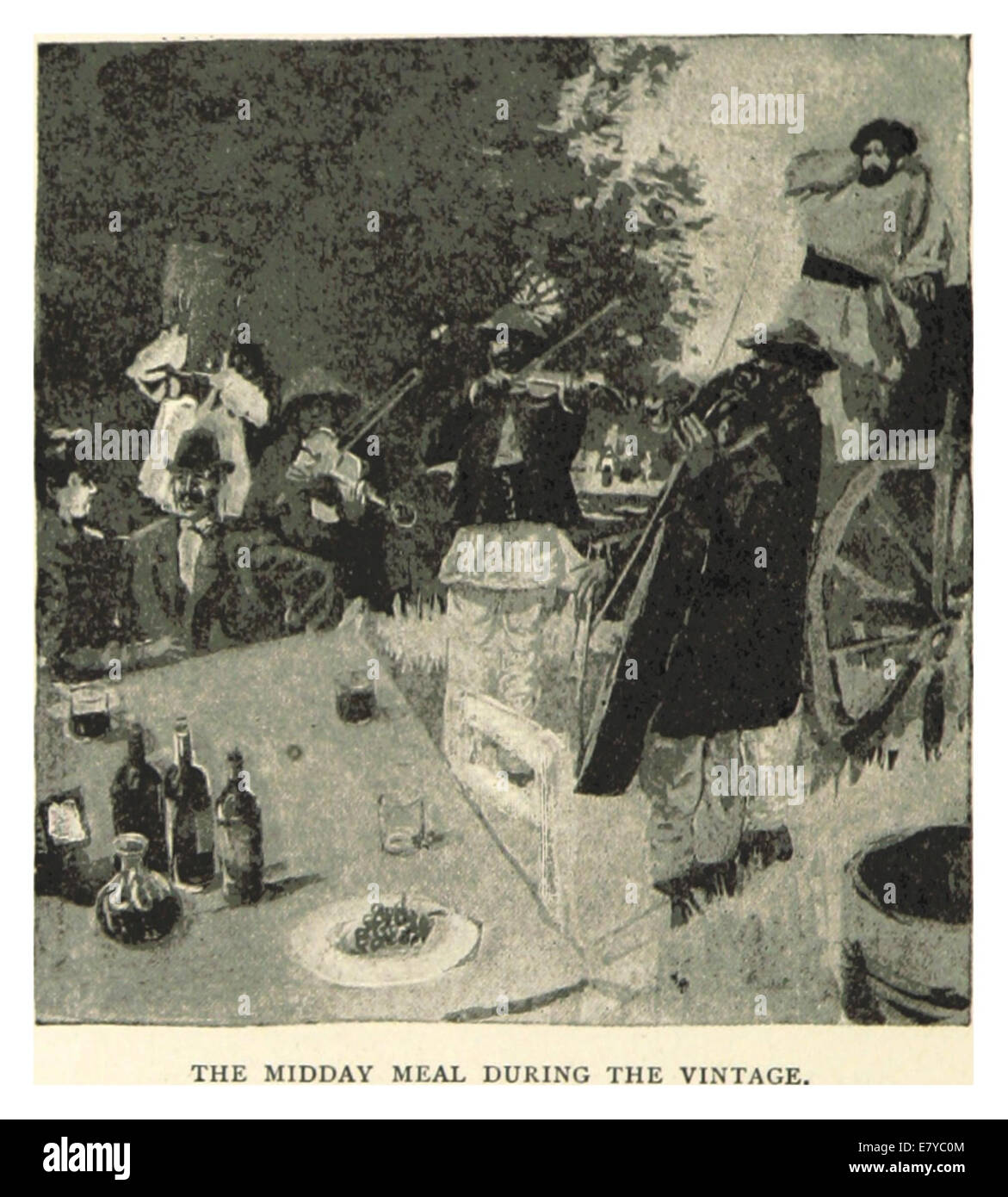 Questa illustrazione del 1893 di Pennell cattura un pasto tradizionale di mezzogiorno durante la stagione d'annata, probabilmente legato alla vendemmia di uva per la vinificazione. L'immagine riflette le pratiche agricole e la vita sociale del tempo. Foto Stock