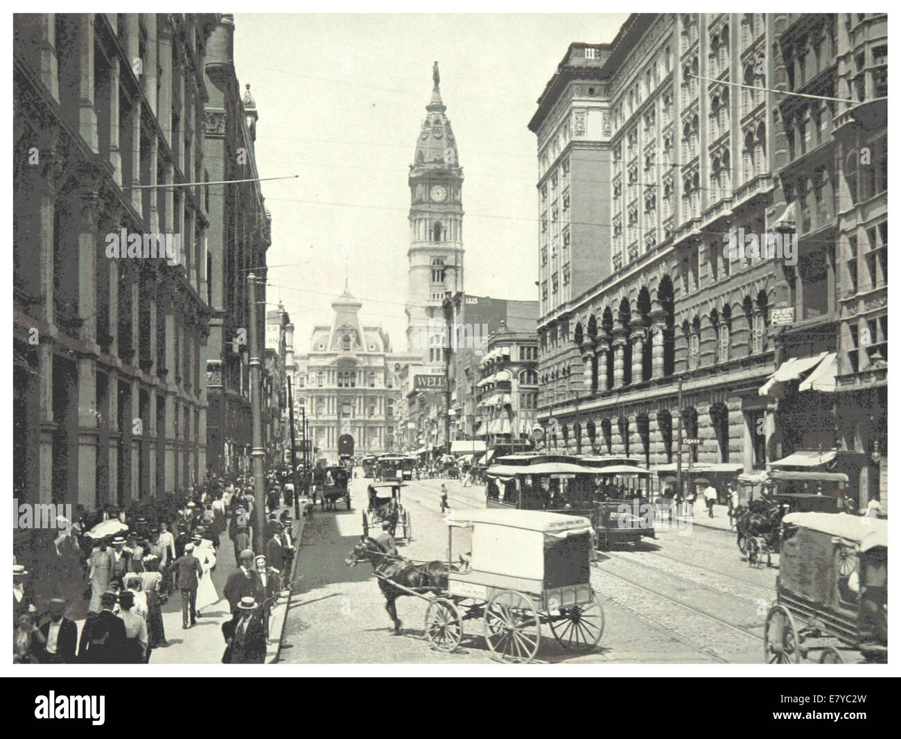 Questa illustrazione del 1897 mostra Market Street a Philadelphia, guardando a ovest da Eleventh Street. La mappa e il disegno evidenziano le caratteristiche architettoniche della zona durante la fine del XIX secolo. Foto Stock